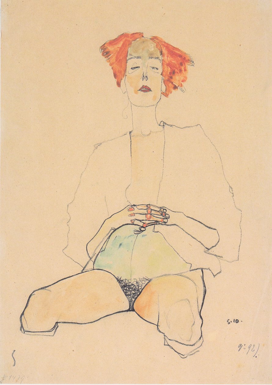 Kızıl saçlı yarı çıplak oturuyor by Egon Schiele