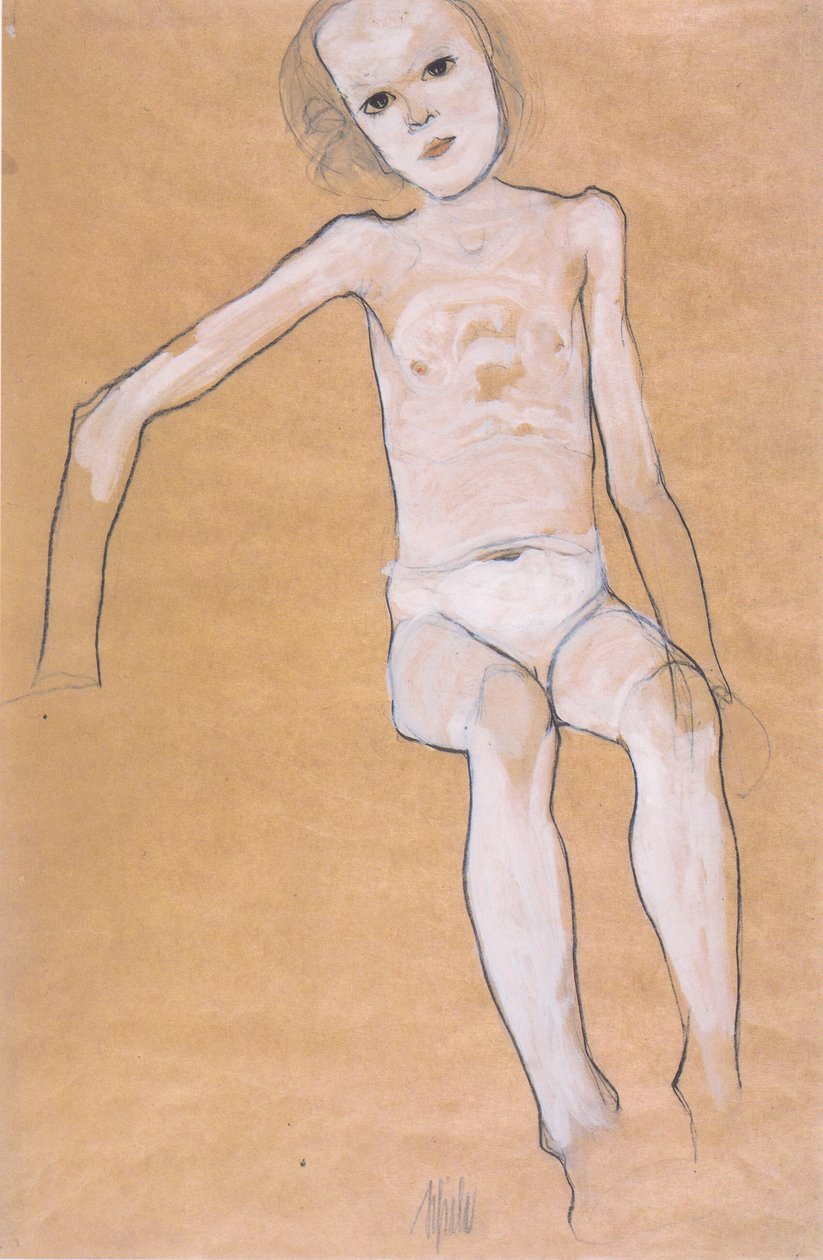 çıplak kız oturuyor by Egon Schiele