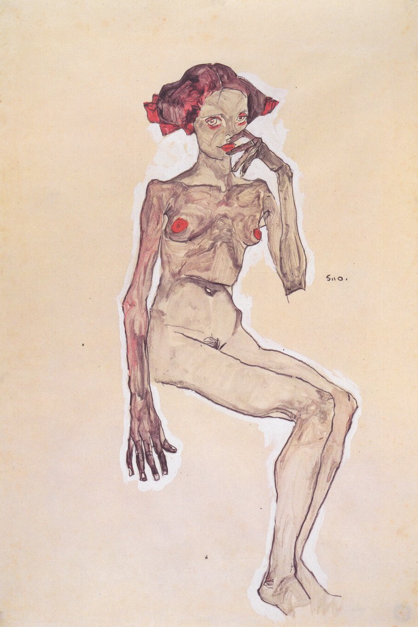 çıplak kız oturuyor by Egon Schiele