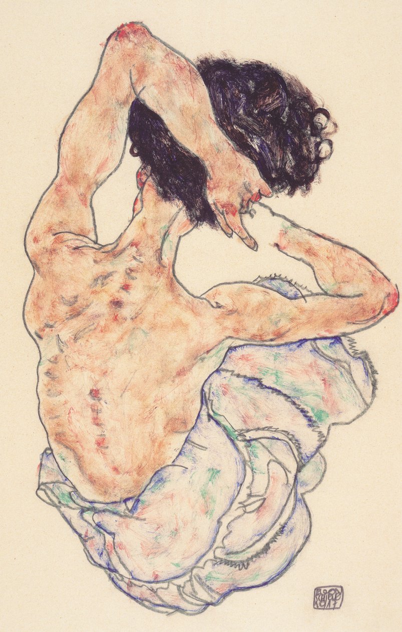 arkadan çıplak oturmak by Egon Schiele