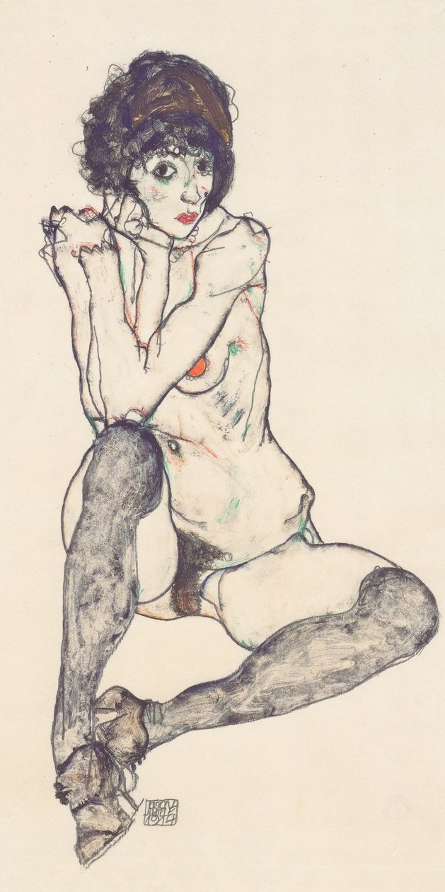 Oturan çıplak kadın dirsekleri desteklenmiş by Egon Schiele