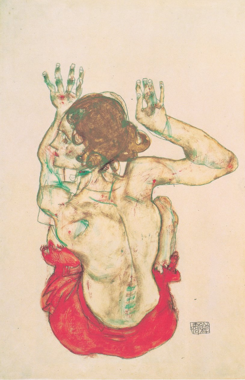 Kırmızı bir etekle arkadan çıplak oturan kadın by Egon Schiele