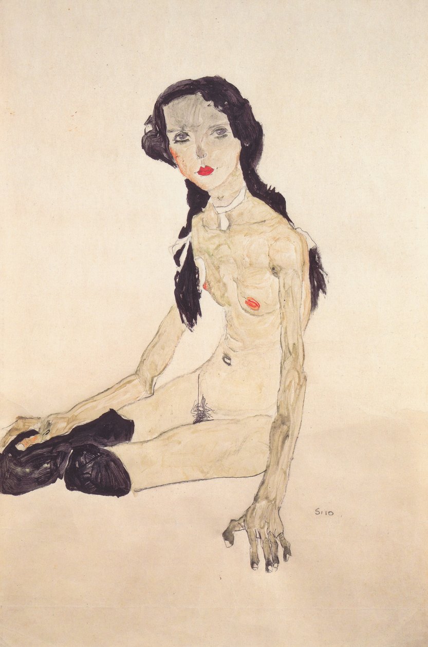 At kuyruğu ile oturan kız by Egon Schiele