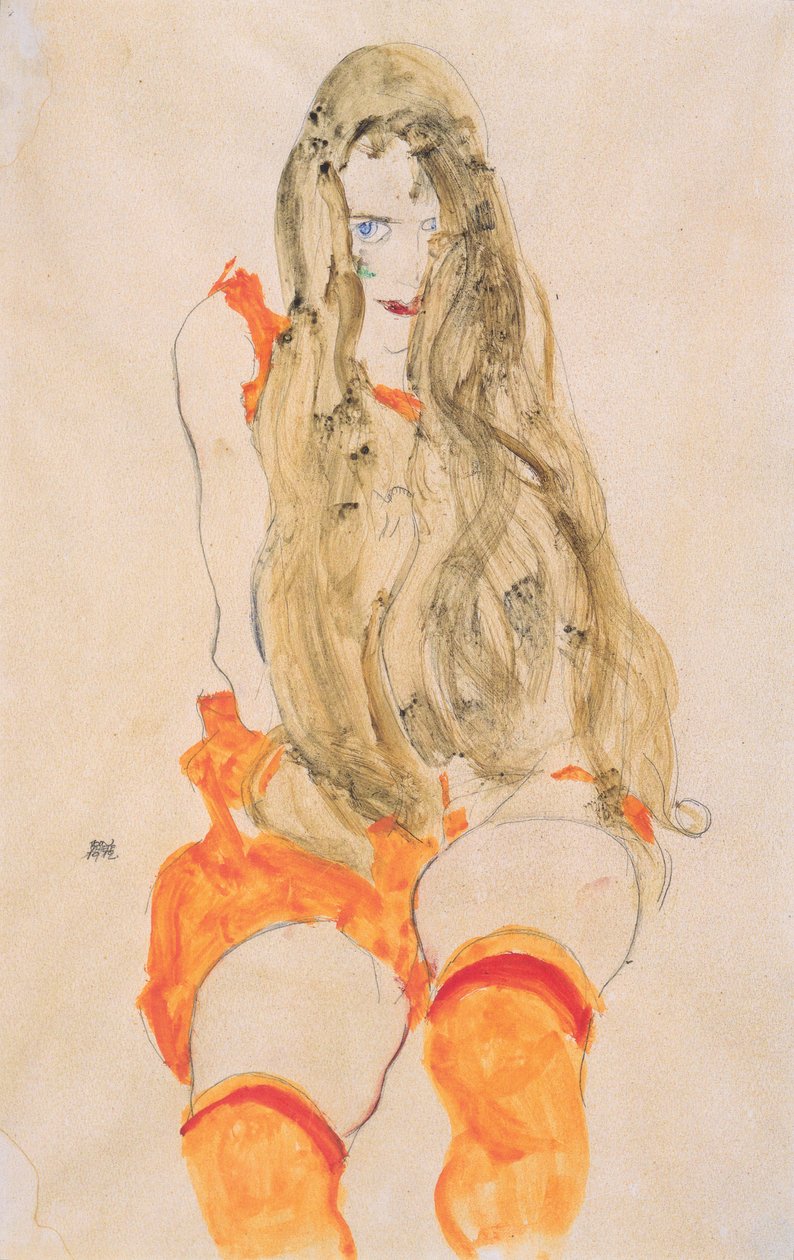 düşen saçlı oturan kız by Egon Schiele