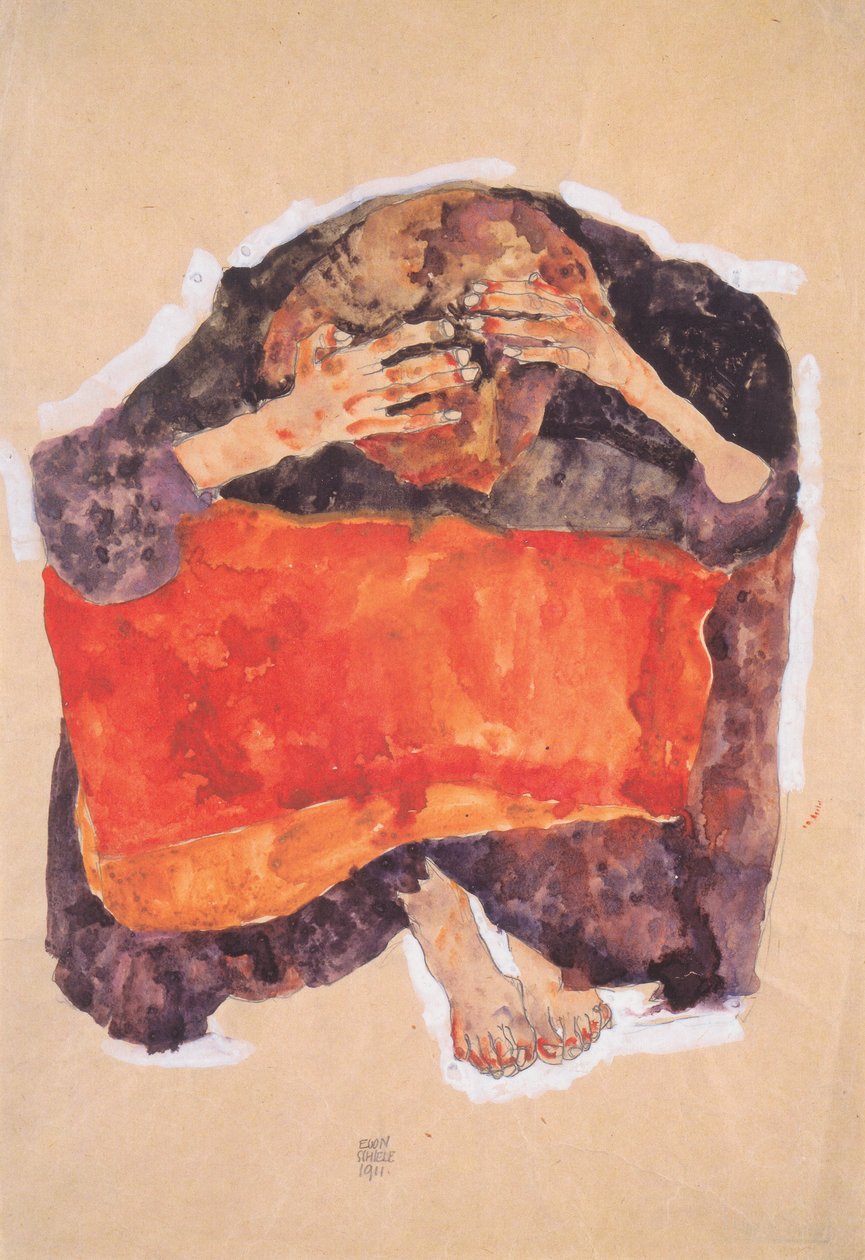 Eğilmiş kafa ile oturan kız by Egon Schiele