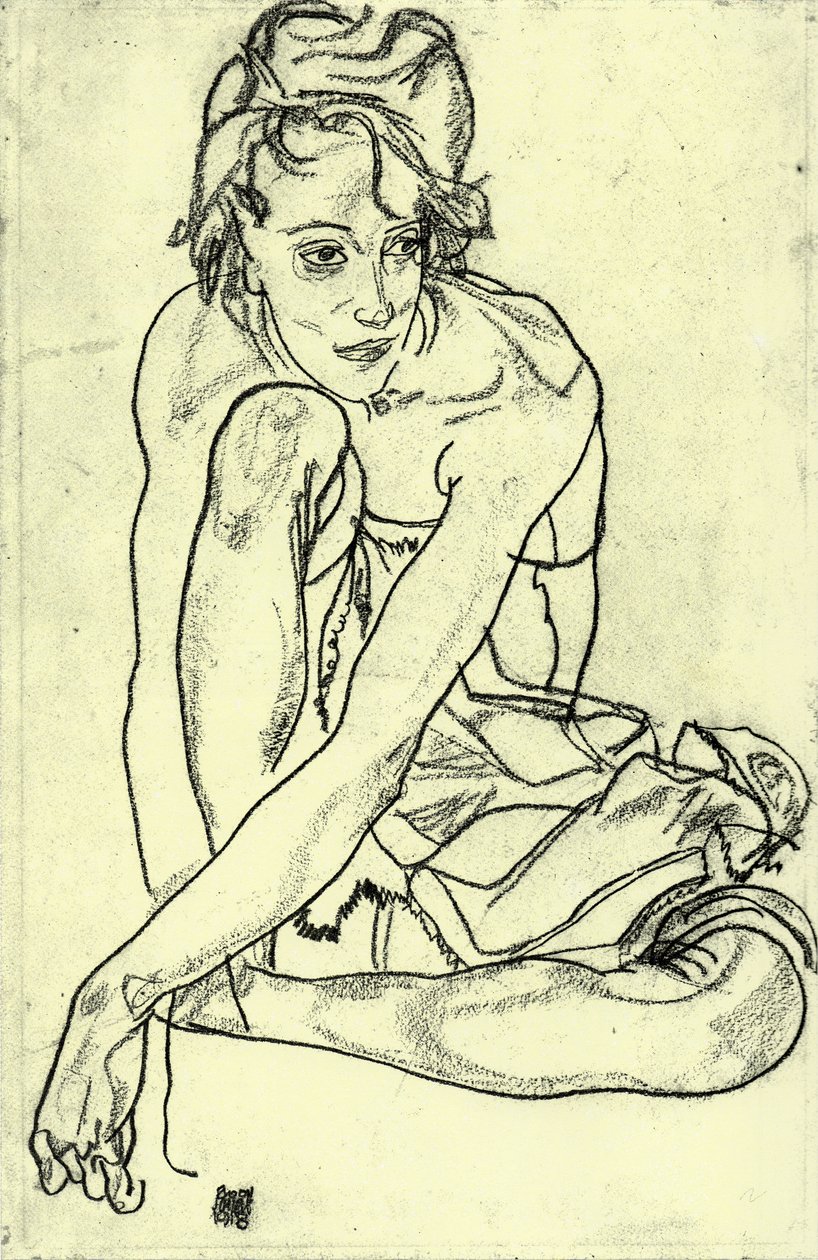 çömelme, kadin by Egon Schiele
