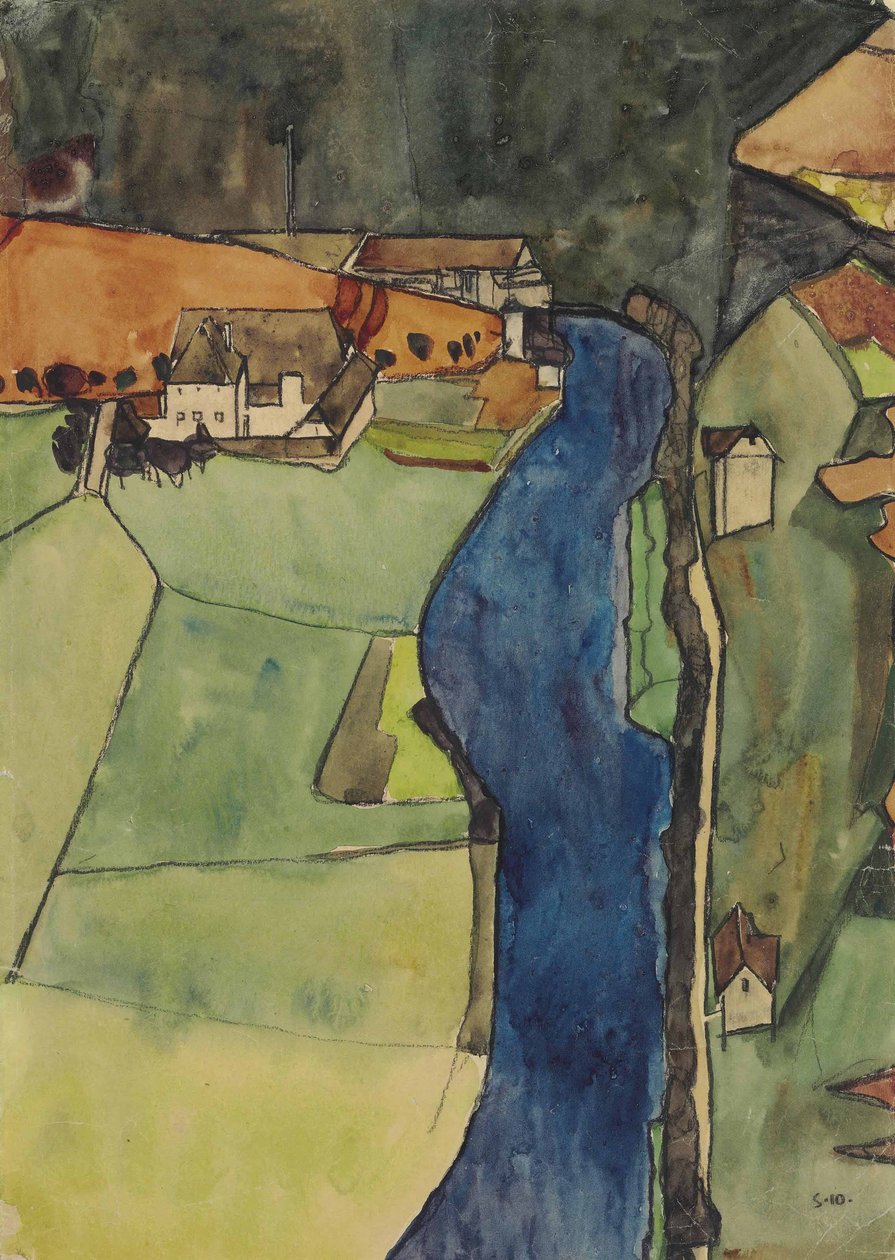 mavi nehir üzerinde şehir by Egon Schiele