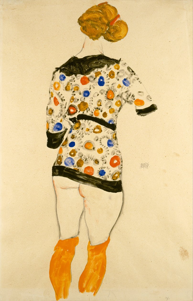 Desenli Bluzlu Duran Kadın by Egon Schiele