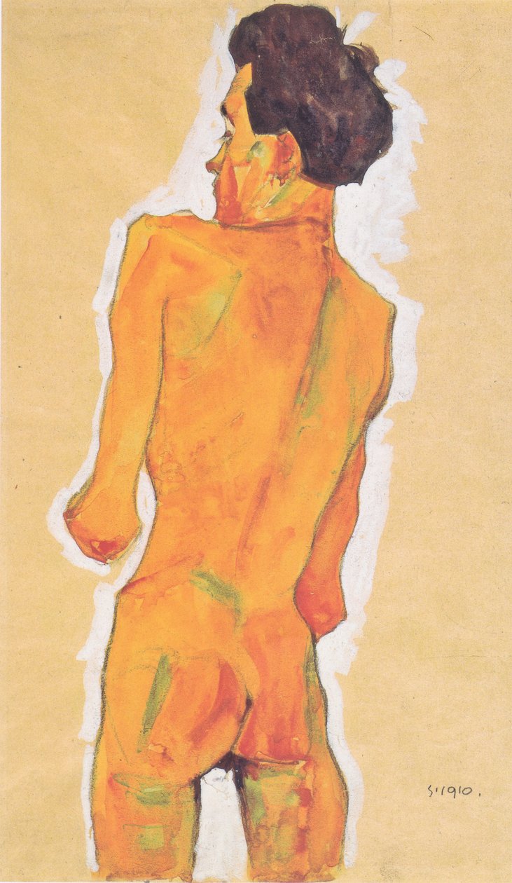 Arkadan çıplak duran erkek by Egon Schiele