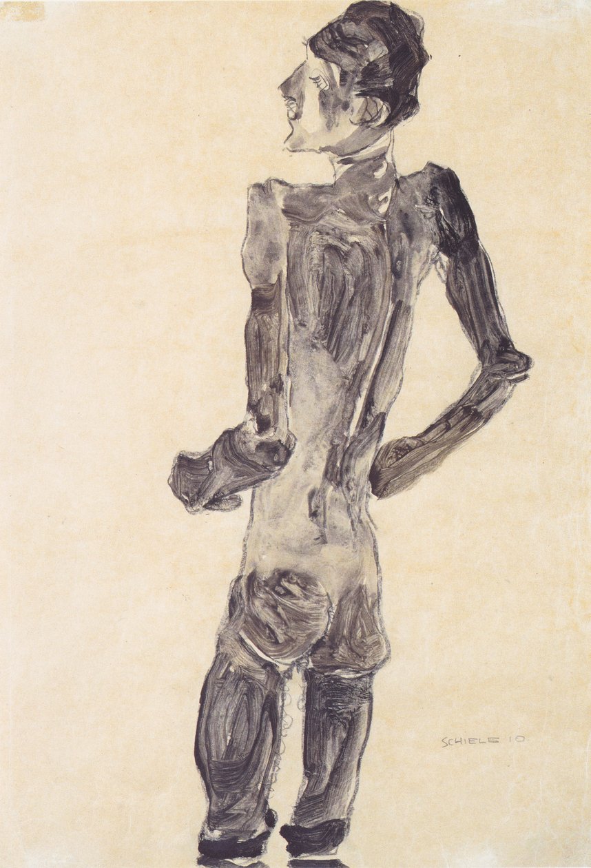 Arkadan çıplak duran erkek by Egon Schiele