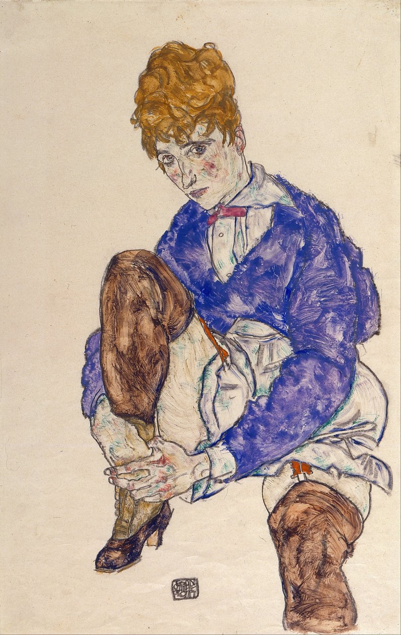 Sanatçının Karısının Oturmuş, Sağ Bacağını Tutarak Portresi by Egon Schiele