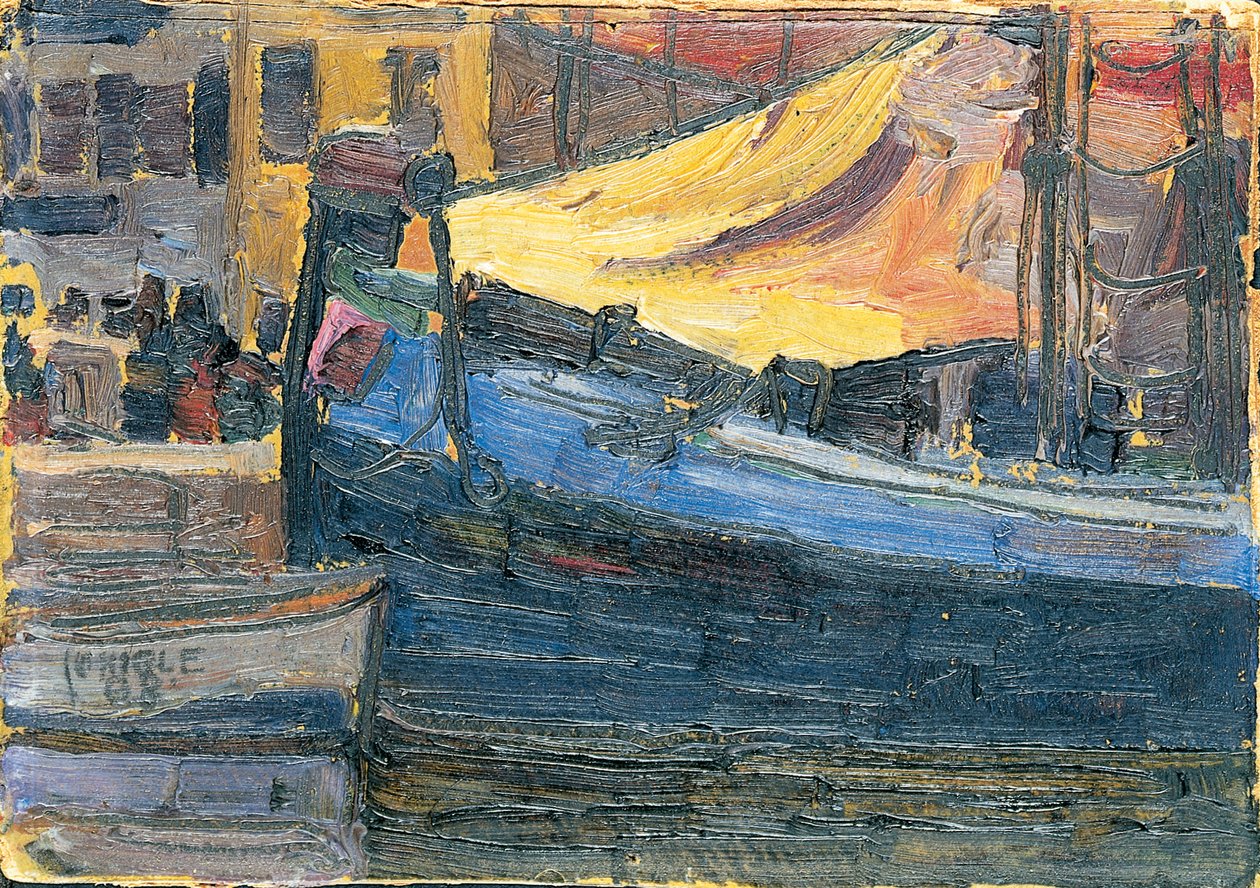 Arka planda bir ev duvarı olan demirli tekneler, 1908 by Egon Schiele