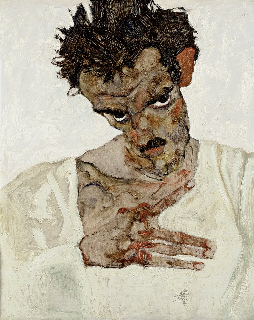Alçaltılmış başlı otoportre. Egon Schiele (1890-1918), ahşap üzerine yağlı boya tablo by Egon Schiele