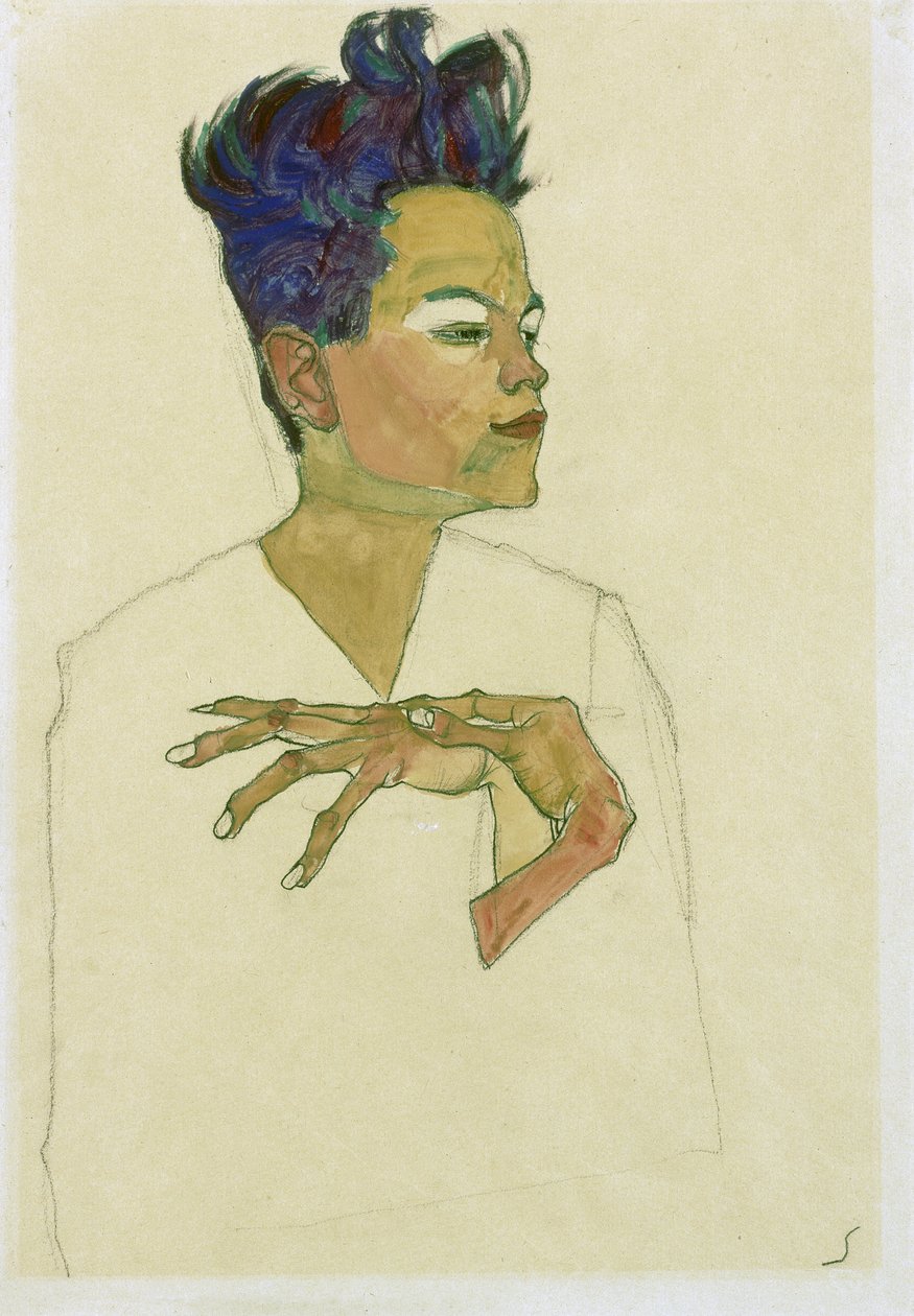Elleri göğüste olan otoportre. (Eller Göğüste Kendi Portresi). Egon Schiele (1890-1918), kağıt üzerine suluboya ve tebeşir çalışması by Egon Schiele
