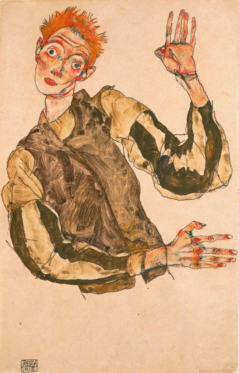 Çizgili kollu otoportre - Çalışma Egon Schiele (1890-1918), kağıt üzerine guaj by Egon Schiele