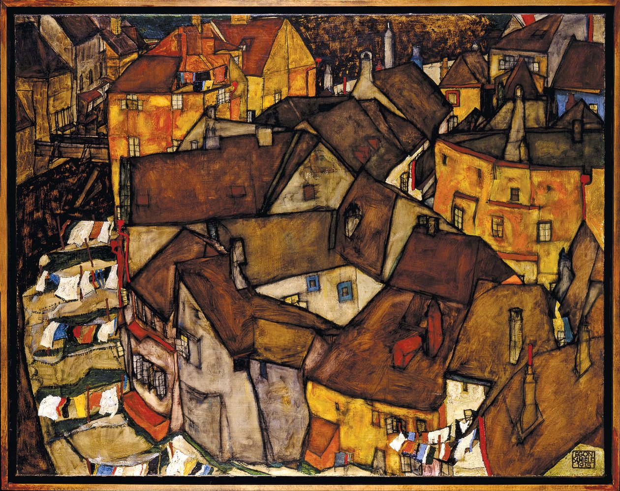 Croissant de maisons, Krumau (actuelle Cesky Krumlov, Tchecoslovaquie) - Crescent of Houses, Krumau (Küçük Şehir V), yazan Schiele, Egon (1890-1918). Tuval üzerine yağlıboya by Egon Schiele