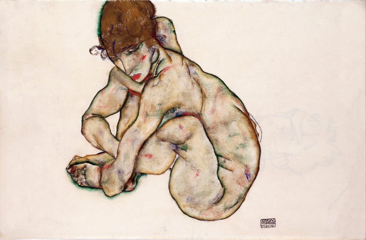 Crouching Nude Girl - Schiele, Egon (1890-1918) - 1914 - Siyah tebeşir, Kağıt Üzerine Guaj - 31,5x48,2 - Leopold Müzesi, Viyana by Egon Schiele
