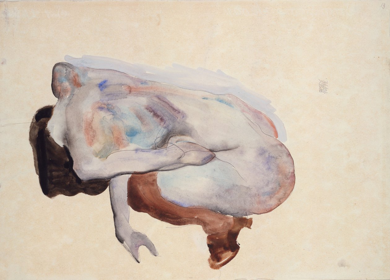 Çömelmiş Çıplak Ayakkabı ve Siyah Çorap, Arkadan Görünüm, 1912 (kağıt üzerinde wc, guaj ve grafit) by Egon Schiele