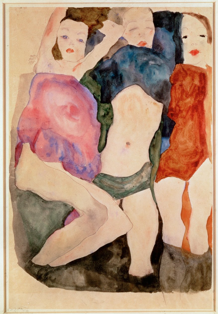 Drei Maedchen [Üç Kız] (suluboya ve kurşun kalem) by Egon Schiele