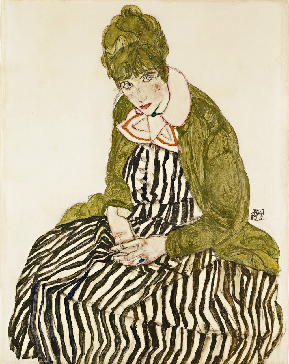 Edith Schiele çizgili bir elbise içinde oturuyor. Egon Schiele (1890-1918), kağıt üzerine kurşun kalem ve guaj çalışması by Egon Schiele