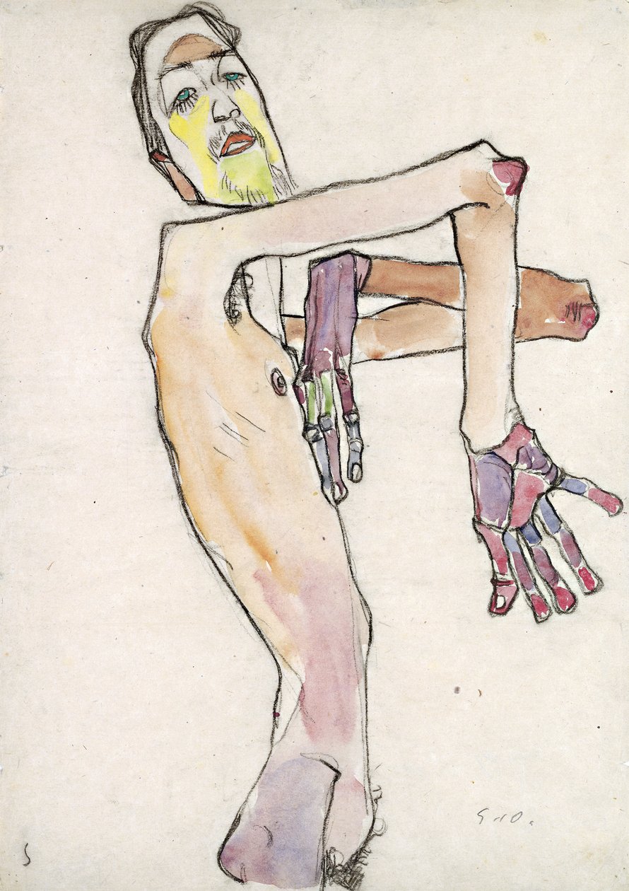 Erwin Dominik Osen (1891–1970) Çapraz Kollarla Çıplak olarak Schiele, Egon (1890-1918). Siyah tebeşir, Kağıt üzerine suluboya, ebat : 44,7x31,5 by Egon Schiele