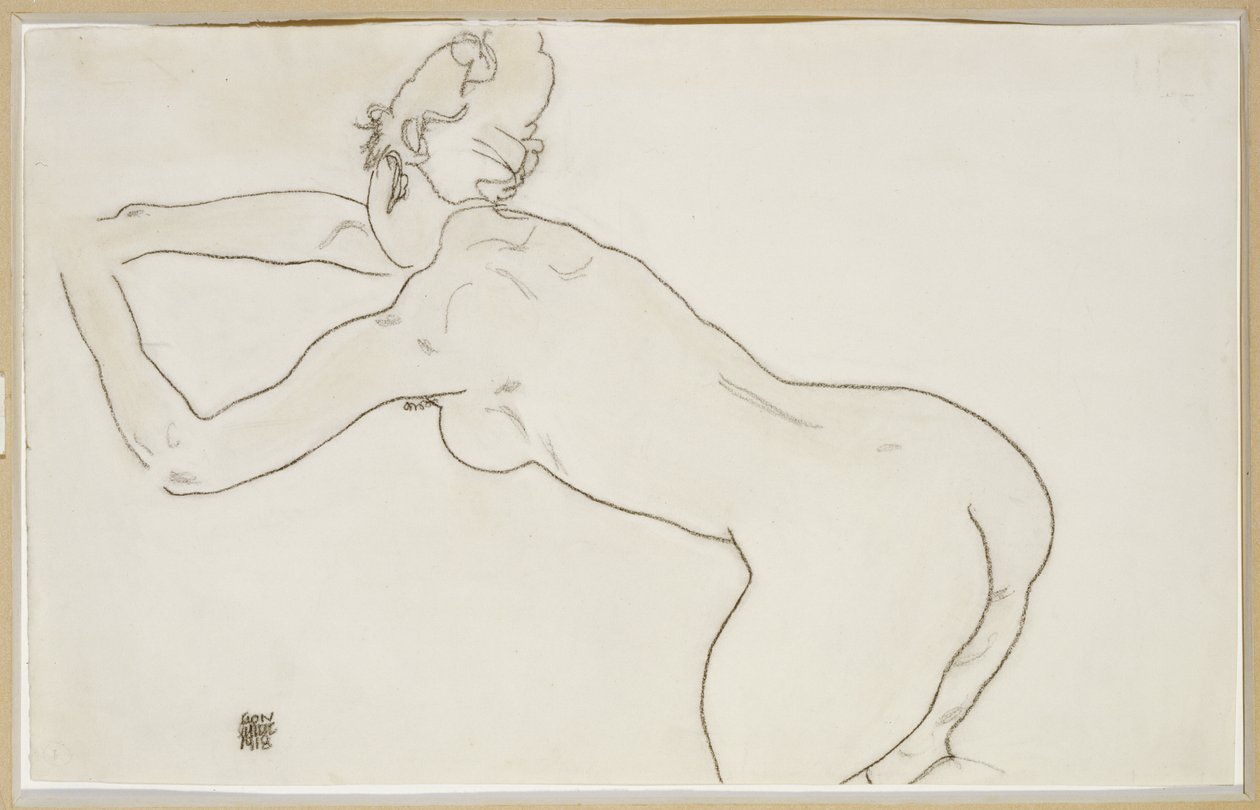 Çıplak Diz Çöken ve Sola Öne Eğilmiş Kadın, 1918 by Egon Schiele