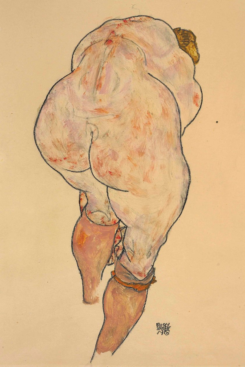 Çıplak Kadın Çorapları Çekiyor, Arkadan Görünüm, 1918. by Egon Schiele