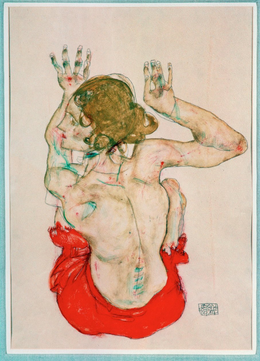 Kırmızı Örtü Üzerinde Oturan Kadın Nü, Arkadan Görünüm (guaj, suluboya ve kurşun kalem) by Egon Schiele