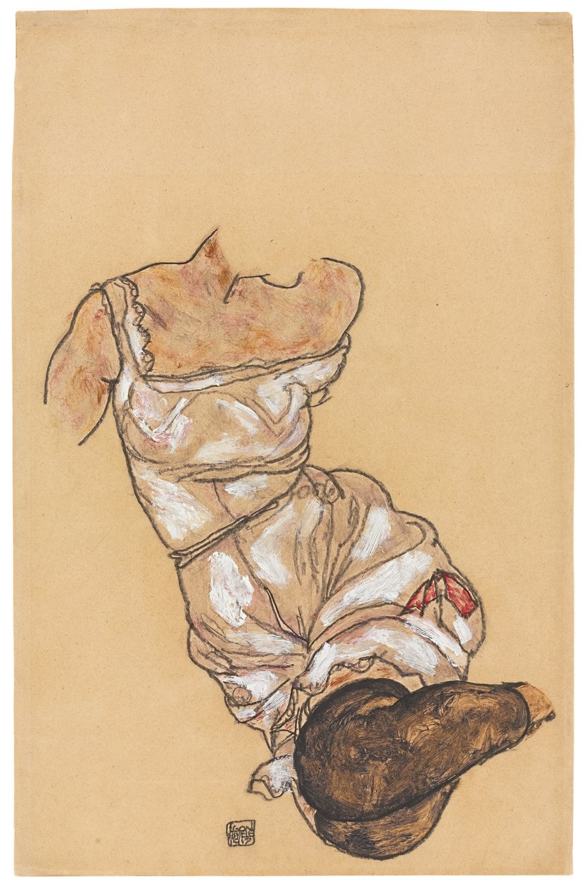 İç Çamaşırlı ve Siyah Çoraplı Kadın Gövdesi; Kadın iç çamaşırı ve siyah çoraplı gövde, 1917 by Egon Schiele