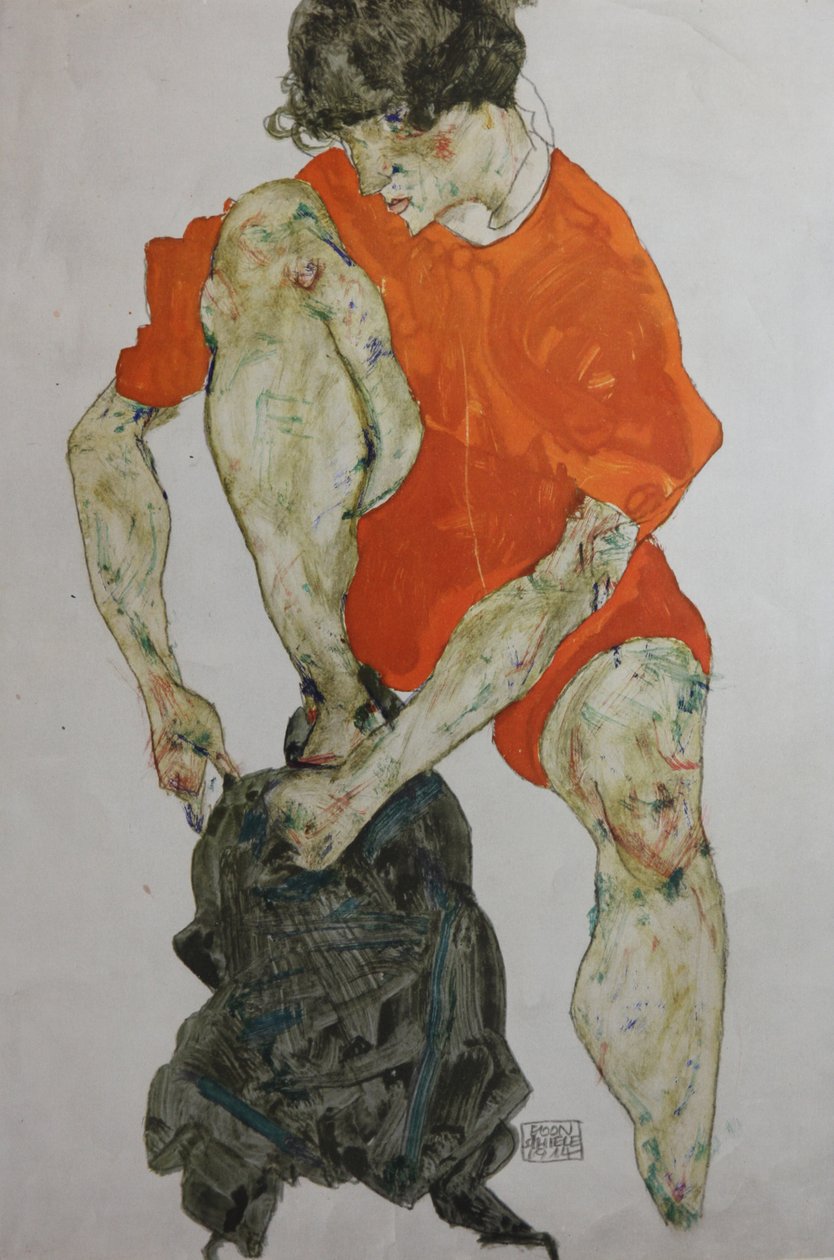 Kırmızı cüppeli kadın model, 1914. by Egon Schiele