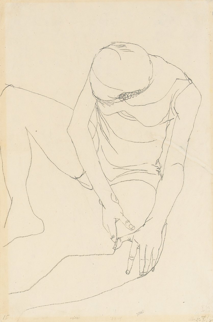 Kadın çıplak öne eğildi, iki eli sol uylukta, 1913 by Egon Schiele