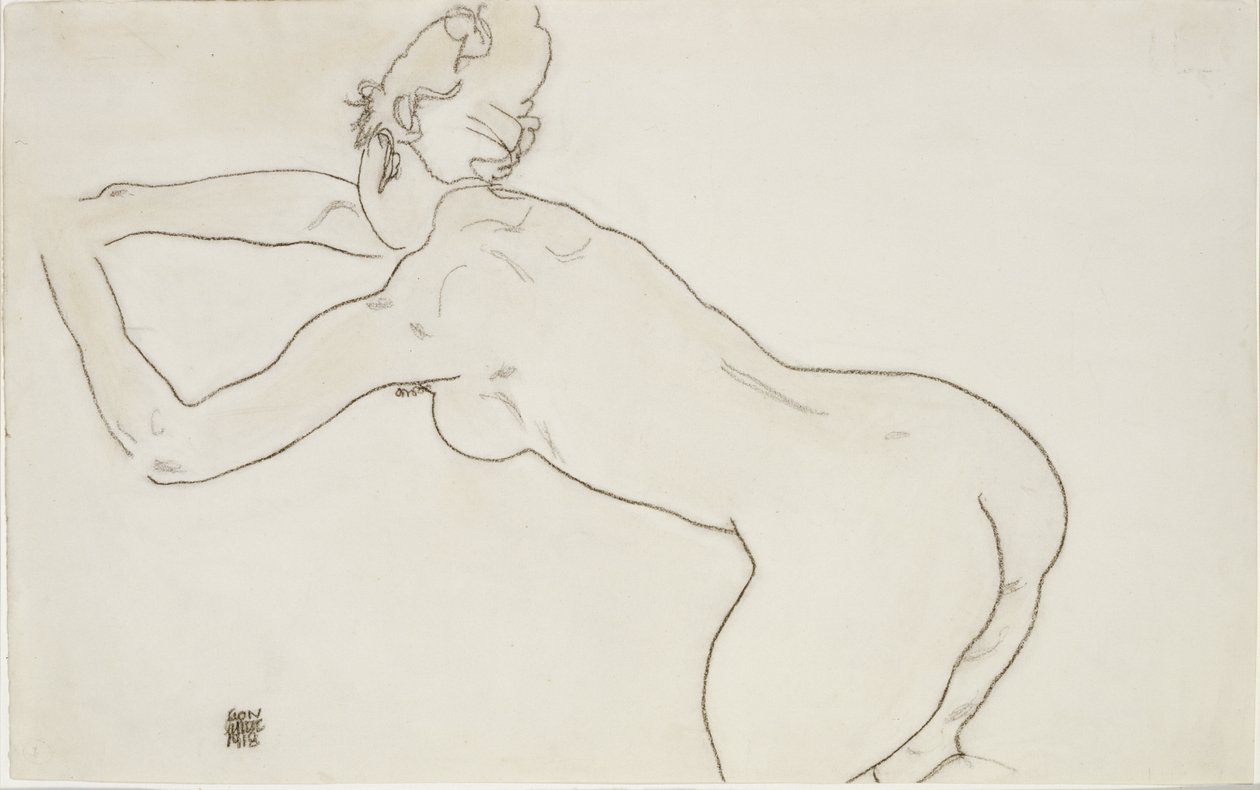 Kadın çıplak diz çökmüş ve sola doğru eğilmiş, 1918 by Egon Schiele