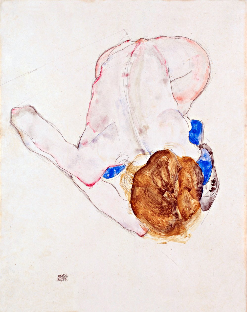 Öne eğilmiş mavi çoraplı çıplak kadın - Kağıt üzerine guaj boya, Egon Schiele (1890-1918) by Egon Schiele