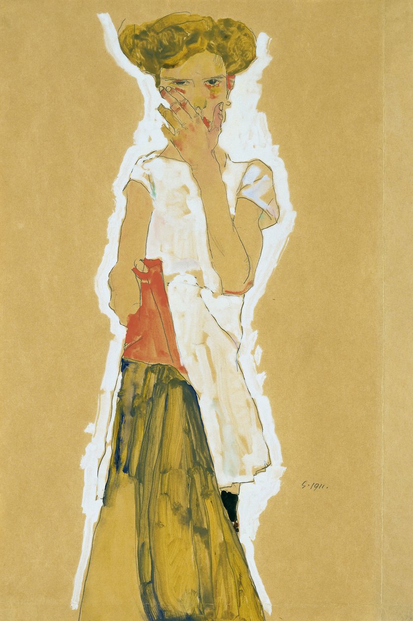 ""Beyaz İç Etekte Ayakta Kız"" (Beyaz İç İçte Ayakta Kız) Kağıt üzerine guaj, Egon Schiele (1890-1918) - 1911 Dim 55x37 cm Modern Sanat Müzesi, New York by Egon Schiele