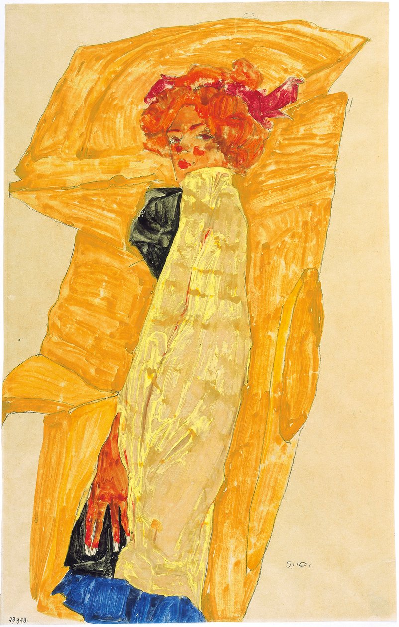 Gerti, Ochre Renkli Perdenin önünde, 1910. by Egon Schiele