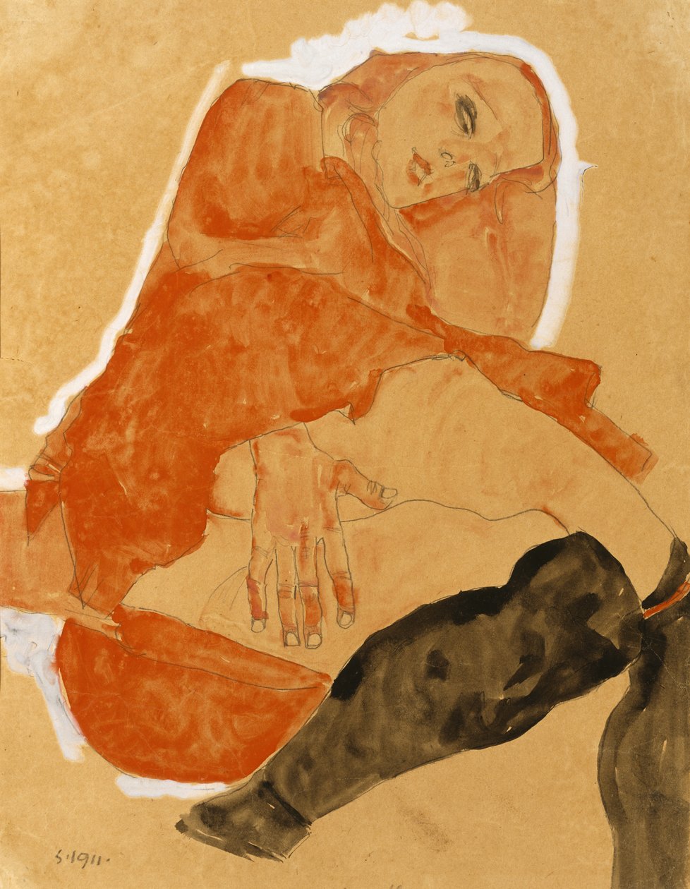 Kırmızı Elbiseli ve Siyah Çoraplı Kız by Egon Schiele