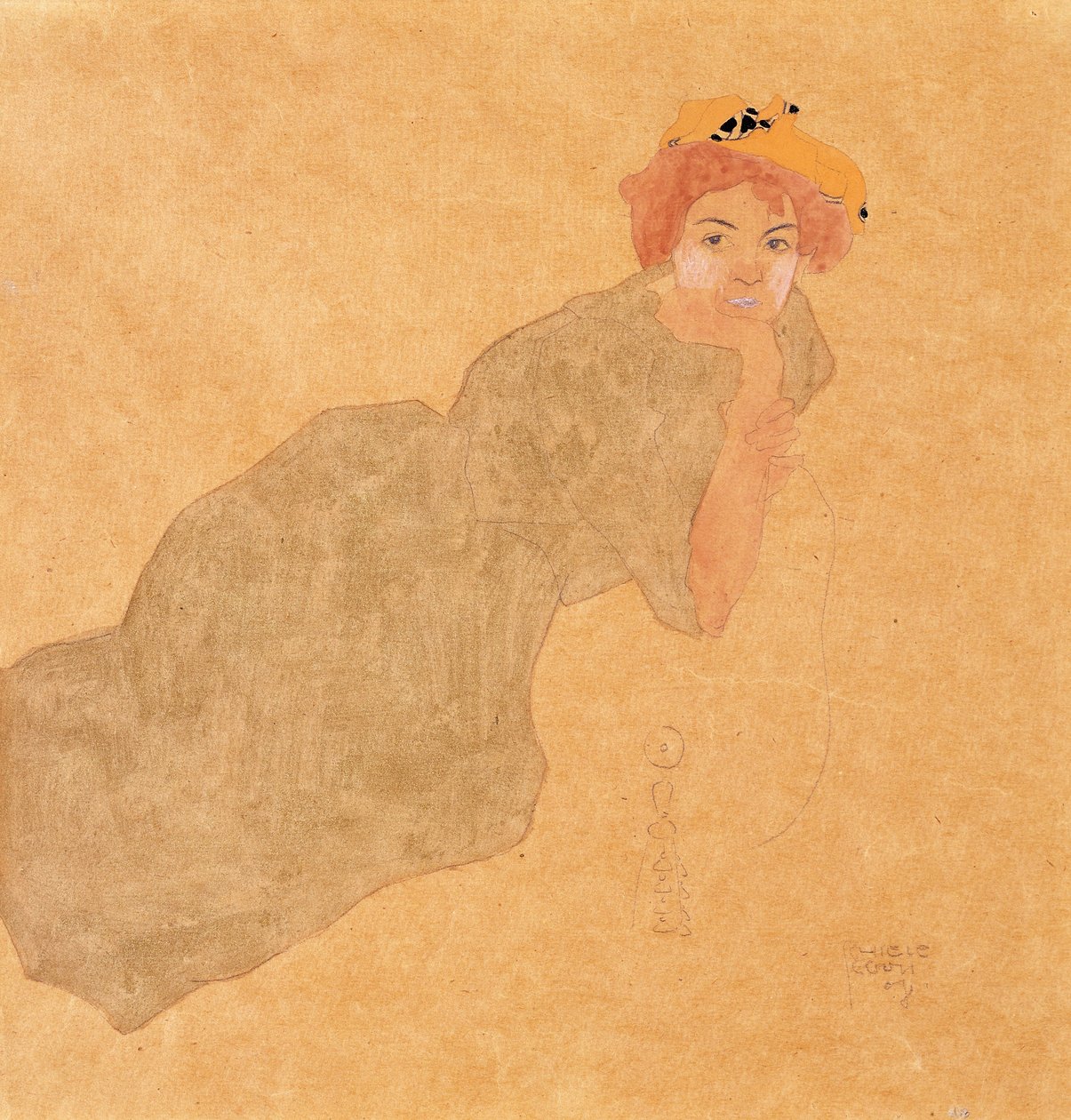 Zeytin rengi elbiseli, kolları destekli kız, 1908 by Egon Schiele