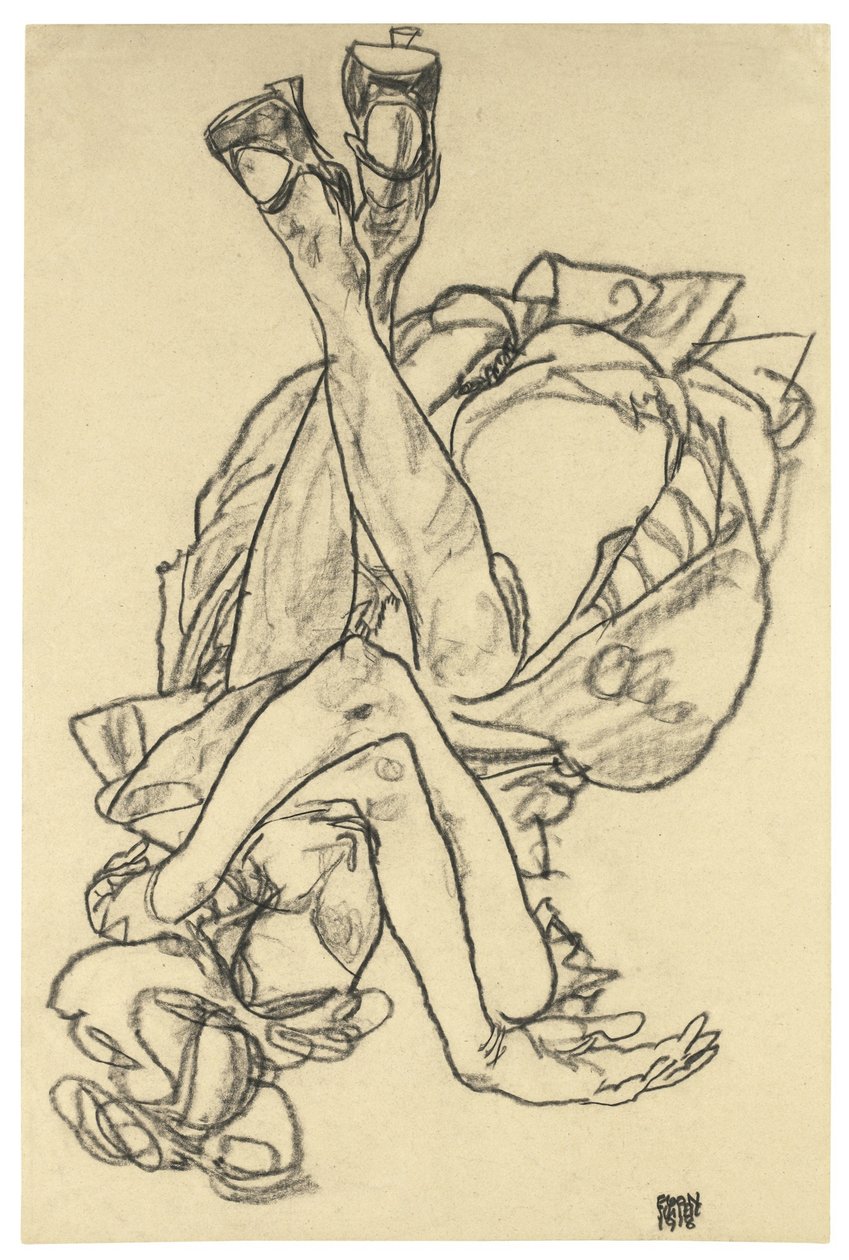 Kollarını ve bacaklarını kavuşturmuş sırt üstü yatan kız, 1918 by Egon Schiele