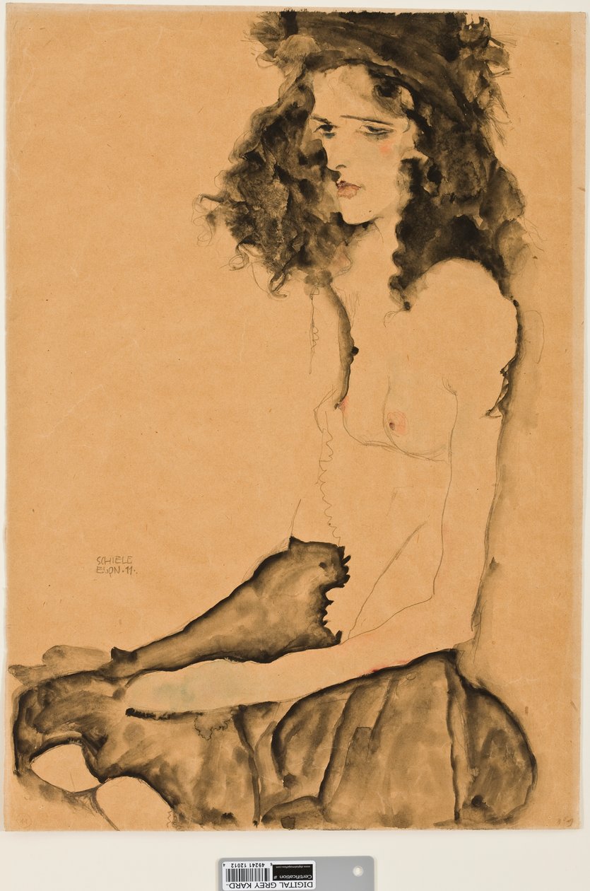 Siyah Saçlı Kız, 1911 (kağıt üzerinde wc ve grafit kalem) by Egon Schiele