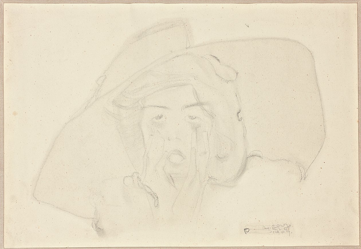 Büyük şapkalı bağıran genç bir kadının başı, çenesi eller tarafından destekleniyor. by Egon Schiele
