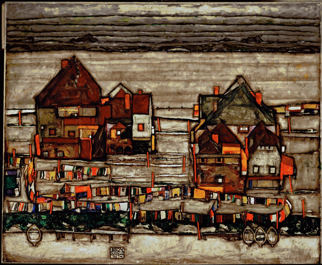 Vorstadt olarak da adlandırılan çamaşırhaneli evler (tuval üzerine resim) by Egon Schiele