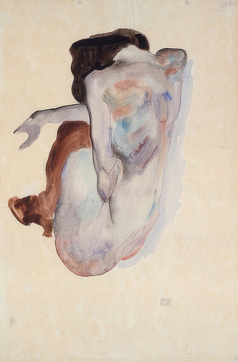 Ayakkabı ve siyah çoraplarla çömelme hareketi, arkadan görünüm. 1912 by Egon Schiele