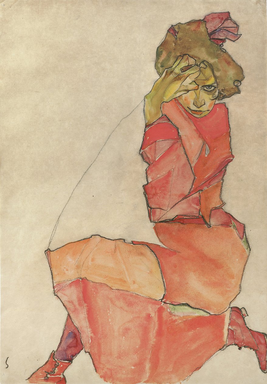 Turuncu-Kırmızı Elbiseli Diz Çökmüş Kadın, 1910 by Egon Schiele