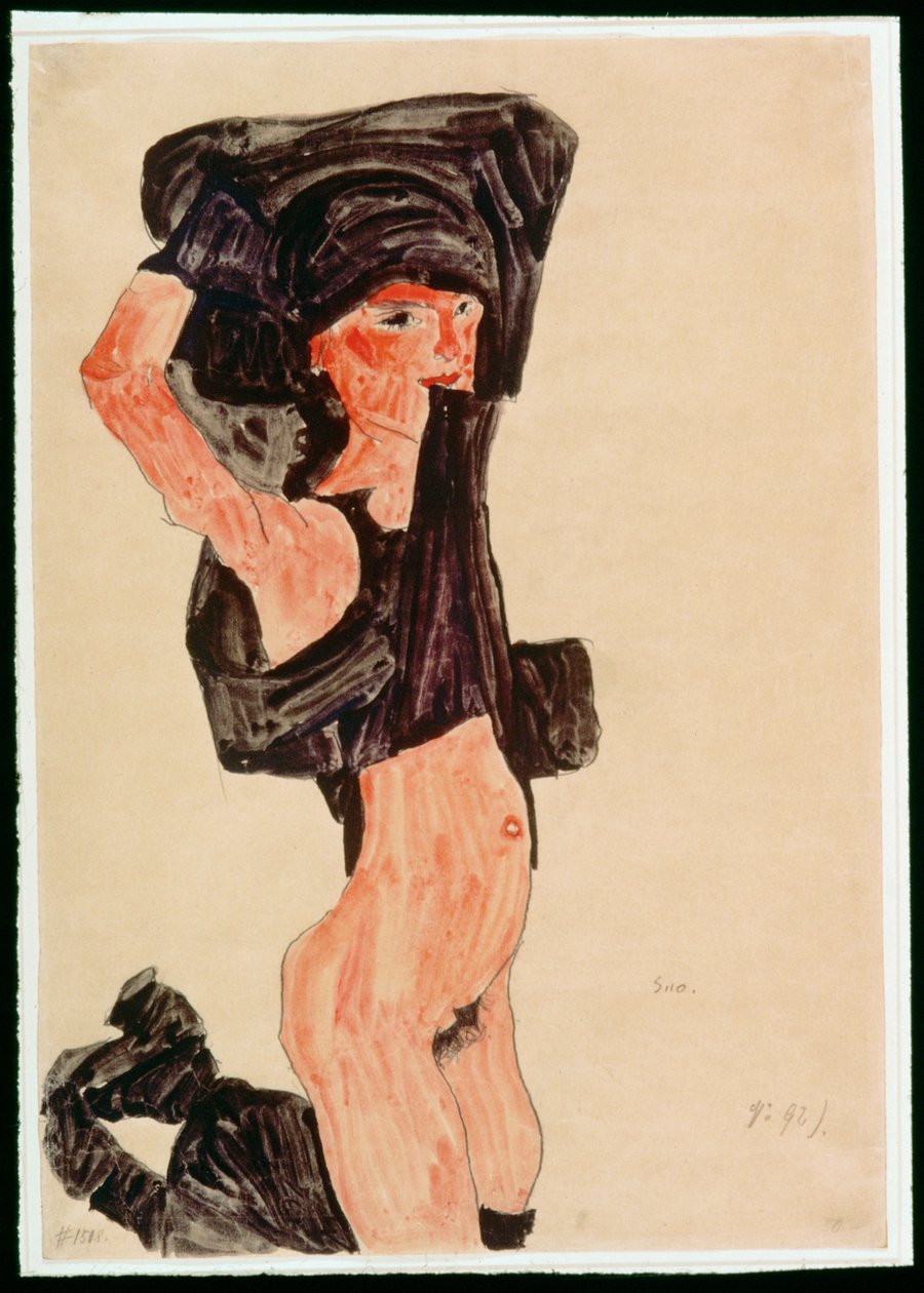 Diz Çökmüş Kız, Soyunuyor (guaj, suluboya ve kurşun kalem) by Egon Schiele