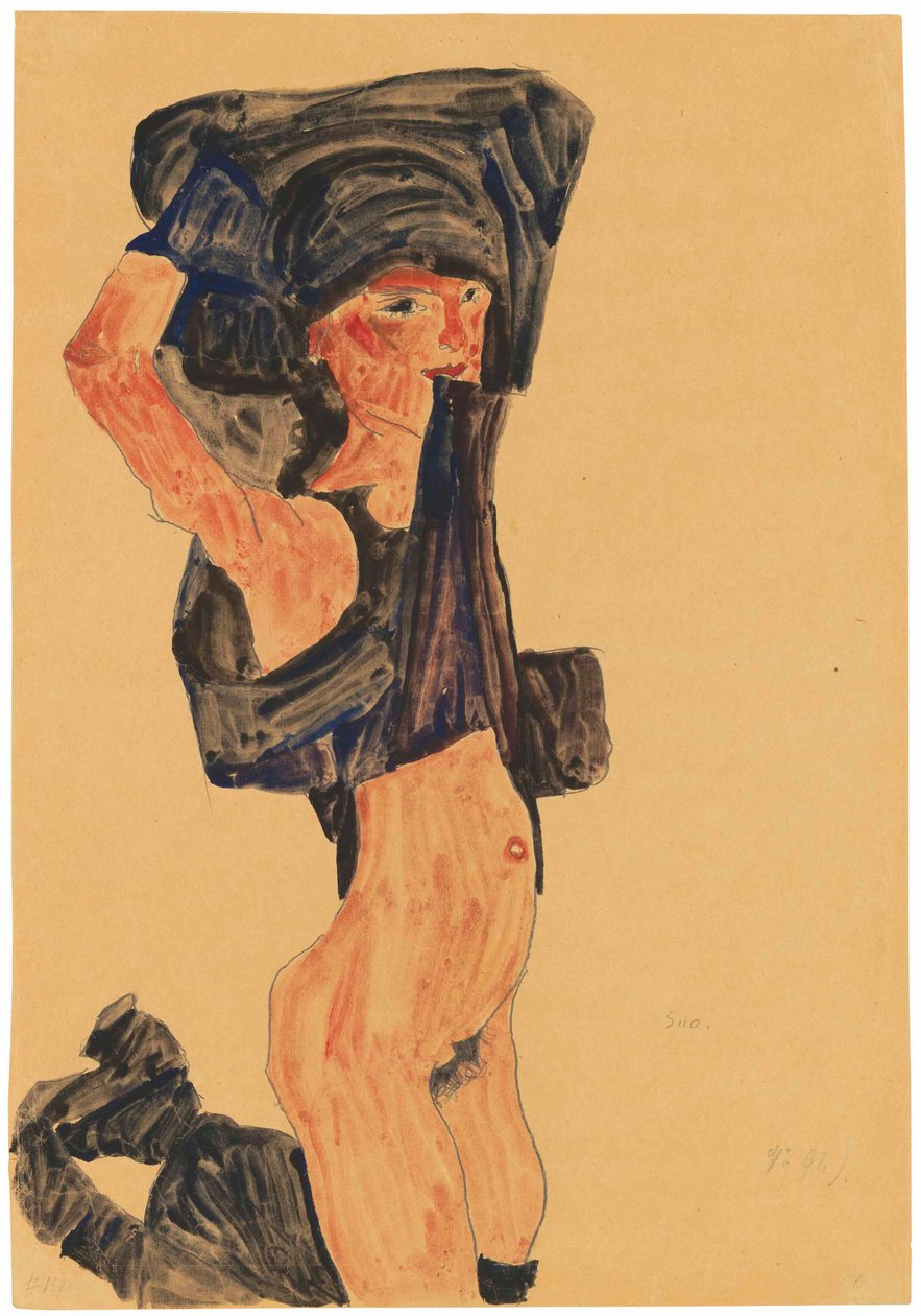 Diz çökmüş, eteğini başına çeken kız, 1910. by Egon Schiele