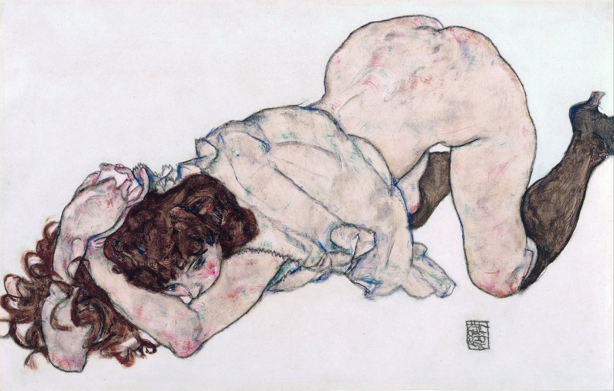 Diz çökmüş Kız, İki Dirsek Üzerinde Dinleniyor - Schiele, Egon (1890-1918) - 1917 - Siyah tebeşir, Kağıt üzerine guaj - 28,7x44,3 - Leopold Müzesi, Viyana by Egon Schiele