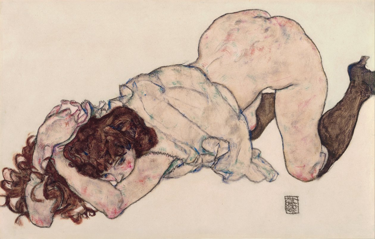 Diz çökmüş kız, iki dirseğine yaslanmış, 1917 by Egon Schiele