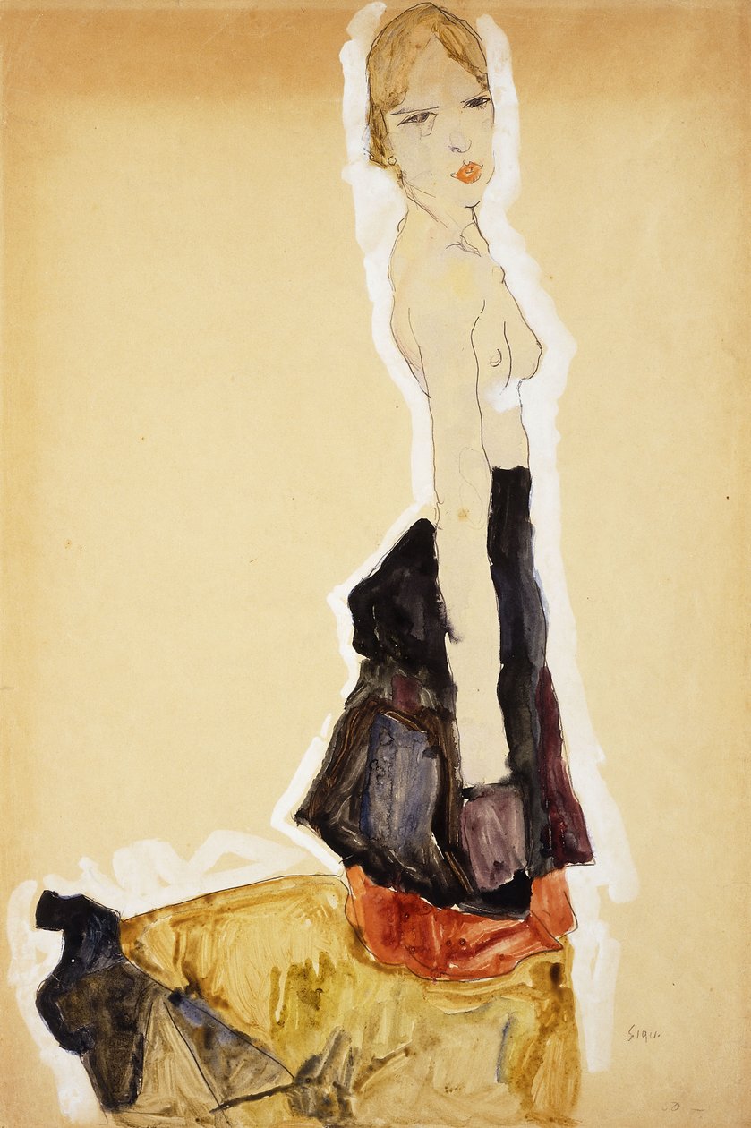 İspanyol Etekli Diz Çökmüş Kız; İspanyol etekli diz çökmüş kız, 1911 by Egon Schiele