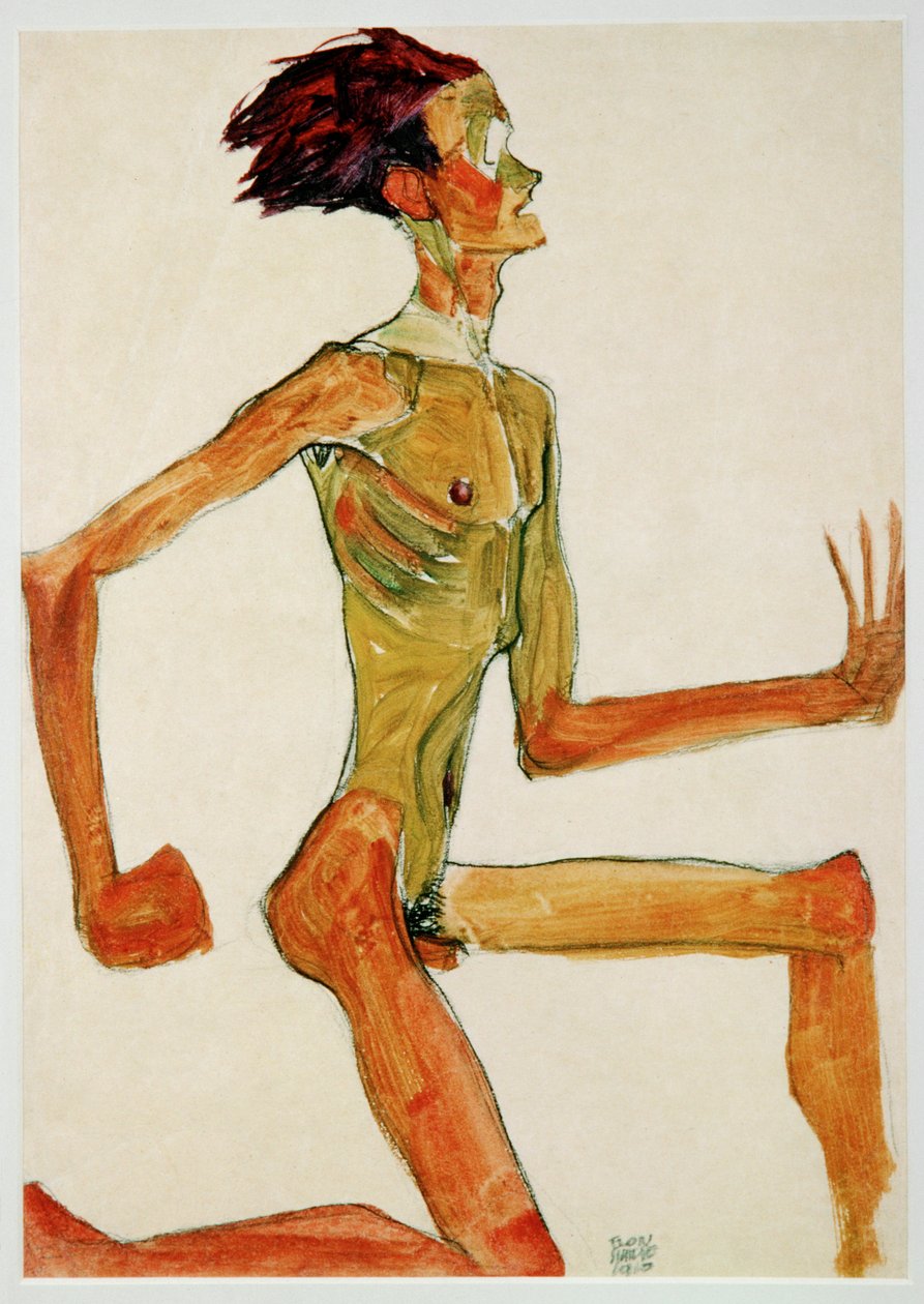 Diz çökmüş erkek çıplak, profilden sağa dönük (guaj, suluboya ve siyah pastel boya) by Egon Schiele
