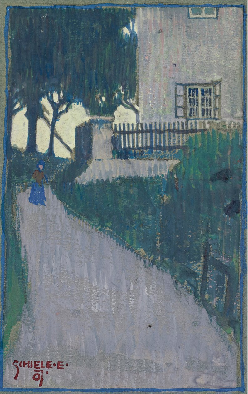 Ev, ağaçlar ve kadın figürü ile peyzaj par Schiele, Egon (1890-1918) by Egon Schiele